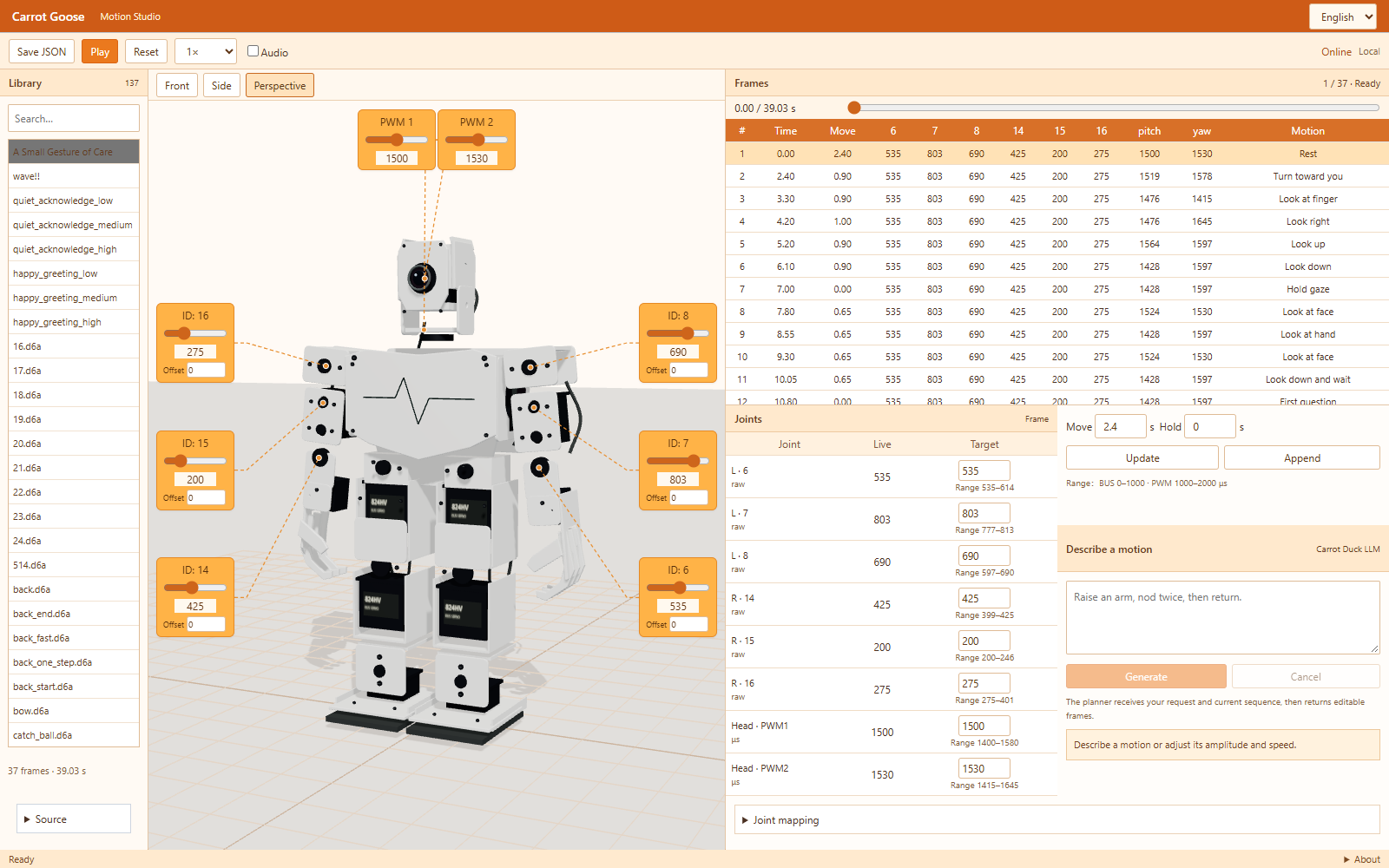 English-language motion workbench showing the robot, joint sliders and frame table